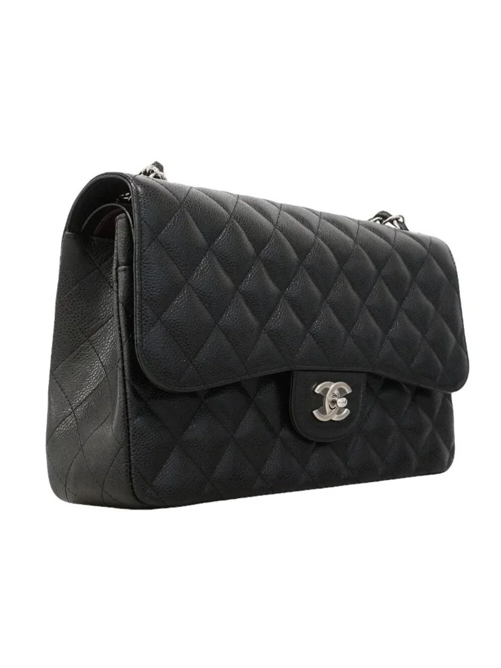 Chanel Shoulder Bag Maxi Quilted Caviar Leather Black Silver